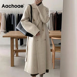 Aachoae Women Elegant Office Long Wool Coat With Belt Long Sleeve Double Breasted Coat Overcoat Female Chic Outerwear