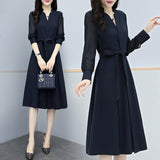 New Women's Spring Dress V-Neck Waist-Skinned Bottom Dress French Long-Sleeved Elegant Chiffon Dress