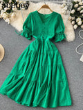 2022 Summer New Lace Embroidery Dress Women Short Sleeves Dresses Female Vintage Party Beach Maxi Long