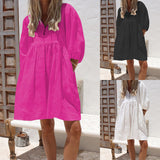 Toloer Spot 2024 Summer New Women Fashion Loose V-Neck Bubble Sleeve Cotton Linen Dress-Outfit