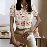 Lady Short Sleeve Print Shirt Top Casual Turn-down Collar Button Shirts For Women 2023 Spring Summer Slim Button Blouse-Outfit