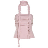 Toloer 2024 New Women's Solid Color Slim Fashion One Word Collar Pleated Sexy Show Back Vest-Outfit