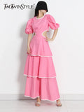 Cut Out Dress For Women Round Neck Puff Sleeve High Waist Solid Midi Dresses Female Summer Clothing Style New