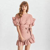 Casual Ruffles Women Dress O Neck Short Sleeve High Waist Lace Up Asymmetrical Mini Dresses Female Fashion