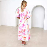 Women's Summer New Flower Print Bubble Sleeve A-Shaped Long Dress Temperament