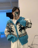Deer Jacquard Hooded Knitting Zipper Cardigan-Outfit