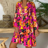 Bohemian Women Dresses Summer Long Sleeve Button Loose Mini Dress Big Swing Boho Dress Printed Vestido 425-1-Outfit