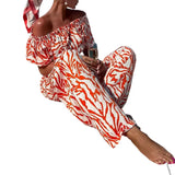 Toloer 993 Spot Women's Wear Autumn 2024 New One-Line Shoulder Short-Sleeved Top Print Pants Suit Two Sets-Outfit