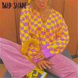Bold Shade Checkboard Print Y2K Indie Cardigan Sweater Button Up Patchwork Knit V-neck Sweaters Autumn Winter Oversized