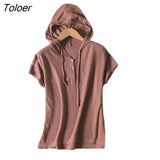 Women's T Shirt 100% Cotton Knitted Hooded T Shirt Short Sleeve Korean Loose Hoodies Cotton Linen V-neck Tshirts 2022 Summer