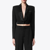 Toloer Advanced Sense Small Suit Spring 2024 New Hot Diamond Bare Back Short Long Sleeve Women's Coat-Outfit