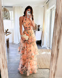 Fashion Hanging Neck Tie Dye Design Fluffy Cake Dress In Autumn