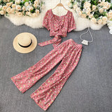 Women Autumn Bohemian Floral Set V Neck Puff Sleeve Short Top+Sexy Split High Waist Wide Leg Long Pants Two Pieces