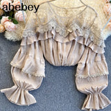 Mesh Splice Blouse Women Elegant Solid Puff Sleeve Lace Ruffles Blouses Autumn Casual Loose Streetwear