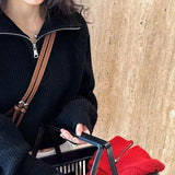 Sense Half-High Collar Zipper Red Knitted Shirt Women's Short Autumn And Winter New High-Waist Sweater Loose Thick