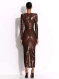 Brown Sequin Deep V-Neck Long Sleeve Evening Midi Dress-Outfit