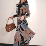 Print Long Dress Women Elegant Single-breasted A-line Female Dresses Slim Waist Swing Ankle-length Vestidos femme