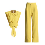 Toloer Commuter Style Formal Sense Suit 2024 Autumn New Round Collar Bow Splicing Jacket Waist Trousers Women-Outfit