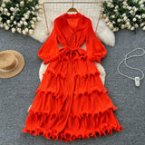 New Elegant Dress Spring Dress High-End Retro Collar Lantern Sleeves To Close Waist Lotus Leaves Side Pressure Skirt Dress