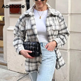 Aachoae Women Plaid Single Breasted Jacket Coats Fashion Turn Down Collar Pockets Coat Female Streetwear Long Sleeve Spring