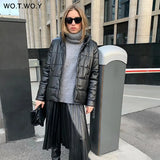 WOTWOY Cotton Liner Winter Leather Jacket Women Thick Windbreakers Casual Loose Warm Padded Coat Female Black Outerwear 2021