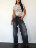 Women's Vintage Y2K Sheer Floral Lace See-through Tops Short Sleeve Crew Neck Slim Fit Cropped T-Shirts Summer Tee-Outfit