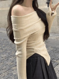 Split Off Shoulder Ribbed Knit Top-Outfit