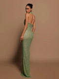 Halter Deep V Neck Sequin Maxi Dress-Outfit