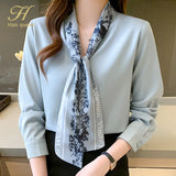 Han Queen Elegant Autumn Bow Chiffon Simple Office Lady Blouse Female Shirt Loose Tops Long Sleeve Casual OL Blouses Women-Outfit