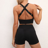 Toloer Yoga Bra Shorts Set Tight Wrinkled Peach Butt Running Stretch Exercise Fitness Set-Outfit