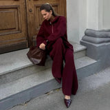 Simple High-End Solid Color Set Women's Autumn And Winter Half Zipper Sweater Knit Straight Trousers Two