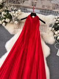 Dress Women's Spring / Summer 2024 New Heavy Industry Pleated Chiffon Neck Beach Skirt Medium Length Skirt-Outfit
