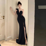 Elegant Dresses Women Sexy Diagonal Collar Irregular Off Shoulder Ruffles Backless Slim Split Mermaid Dress Party Ladies-Outfit