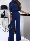 2 Pieces Sets Elegant T Shirts Half Sleeve And Wide Leg Pant Outfits Women Solid 2 Pant Sets For Women Casual Fashion-Outfit