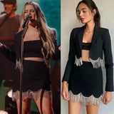 2022 New Women's Suit Sexy Lapel Long Sleeve Diamond Tassel Short Jacket & Mini Skirt Diamond Tassel Two Piece