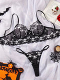 Black Skull Embroidery Mesh Lingerie Set-Outfit