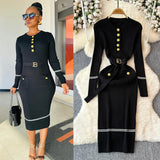 Fragrant High-End Autumn And Winter Round Collar With Thick Knitted Dress With Belts And Hips Skirt