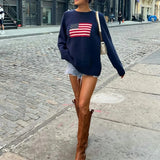 Women's Y2K American Retro Vintage Flag Sweaters Casual Long Sleeve Crew Neck Loose Fit Knit Pullover Jumper Tops-Outfit