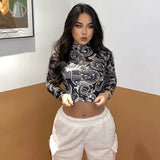 Toloer Style Winter Women's Hot Chinese Print Short Long-Sleeved T-Shirt Women-Outfit