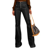 Spring And Summer Retro High-Waist Splicing Water Washing Denim Elastic Repair Trumpet Trousers