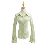 Trendy Women's Horn Long-Sleeved Forked Shirt Summer New Pure Lust Hot Girl Tight Waist Plaid Blouse-Outfit
