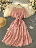 Pink/White/Green French Hollow Ruffles Dress Women O Neck Lace up Solid A-line Dresses Summer Elegant Streetwear Midi