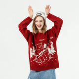 Christmas Bear Concert Embroidery Sweater Harajuku Retro Style Knitted Sweater Autumn And Winter Cotton Pullover