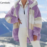 Winter Hooded Jacket Women 5X Plus Size Cotton jacket fashion Plush patchwork zipper pocket loose Long Sleeve Women Top