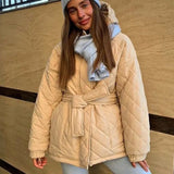 CP Casual Loose Arygle Hooded Parkas Women Fashion Solid Thick Short Coats Women Elegant Tie Belt Cotton Jackets Female