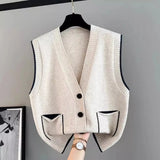 Clip Women's 2024 Spring And Autumn New Korean Version Of V-Collar Single-Breasted Loose Sleeveless Sweater Vest Feminine-Outfit