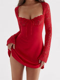 Elegant Women Lace Floral Long Sleeve Patchwork Short Mini Dress Low Cut Push Up High Waist A-line Dress Vestido 2023-Outfit