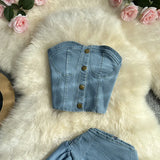 Toloer Cool Hot Girl Suit Skirt Female Summer Short Jeans Strapless Vest Top Two Set High Waist A-Line