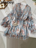 new fashion women's French dress female temperament V-neck long-sleeved chiffon floral