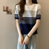 Gradient Striped T-Shirt Women's Summer New Oceanic Ice Silk Sleeve